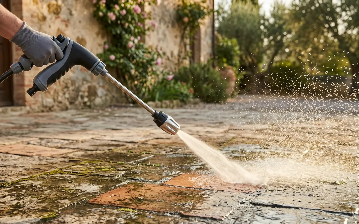TurboJet spruzza acqua ad alta pressione su una superficie in cemento
